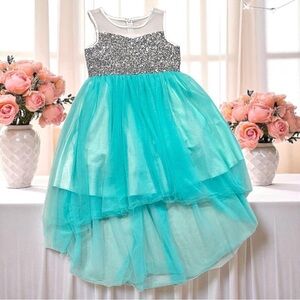 Sunny Fashion Girls Turquoise Hi-Low Party Dress Size 10 Sparkle Fancy Dress